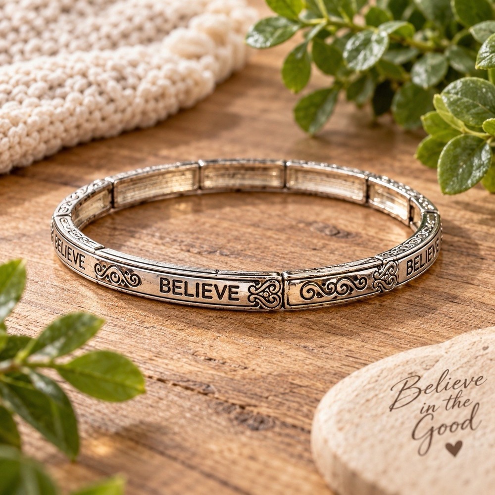 BELIEVE Inspirational Stretch Bracelet Silver Tone Scrollwork Segmented Bangle